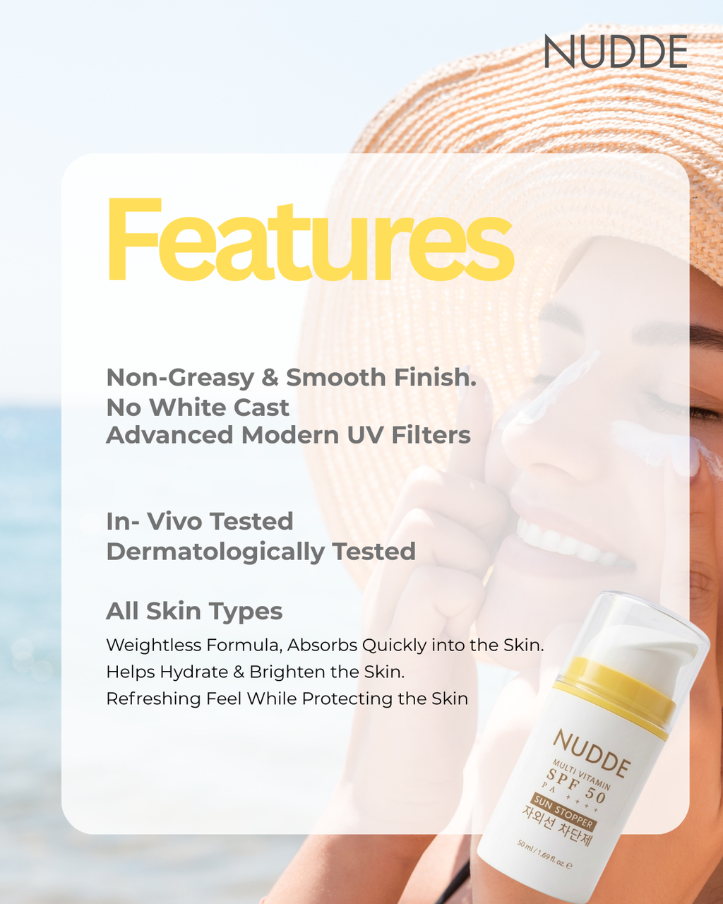 NUDDE Perfumed Sunscreen SPF 50 PA++++ with Niacinamide, Hyaluronic Acid | Lightweight | Non-greasy | UV Protection | Refreshing fragrance | No white cast | Suitable for All Skin Types
